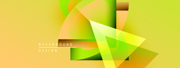 Abstract geometric shapes overlap, creating vibrant yellow, green gradients. Modern design elements suggest dynamic composition, smooth transitions.