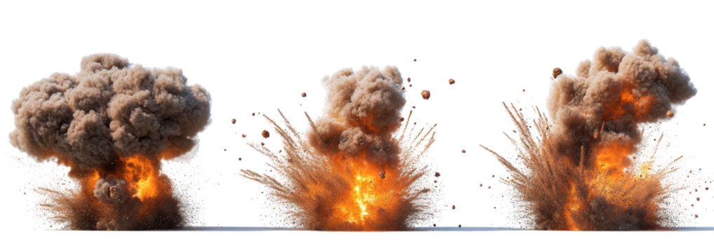 Three sequential stages of a large explosion, showcasing expanding smoke and intense fire
