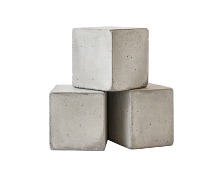 Three light-grey concrete cubes, subtly textured, stacked asymmetrically, isolated on a black background