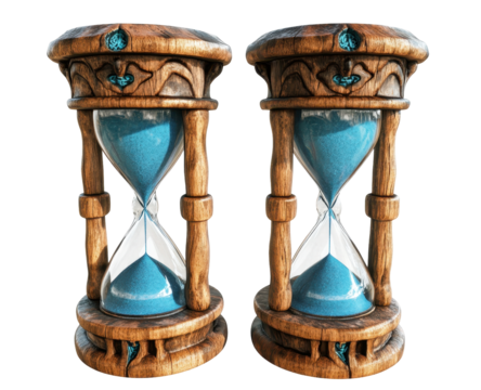 Two ornate wooden hourglasses with teal sand, intricate carvings, and gemstone accents, displayed against a black background