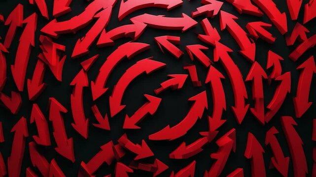 Red Arrows' Enigma: A striking visual composition of swirling red arrows against a dark backdrop, forming a dynamic vortex of directional cues. Evoking notions of complexity and change.