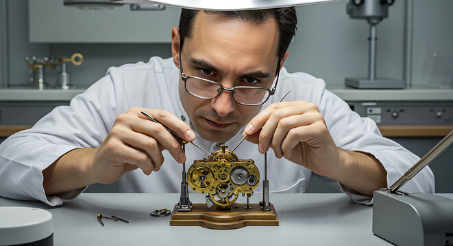 Focused watchmaker meticulously assembling intricate golden watch mechanism with precision tools