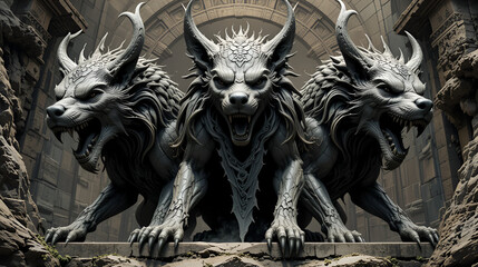 Fototapeta premium Cerberus, the three head guardian of the entrance to the underworld in Greek mythology.