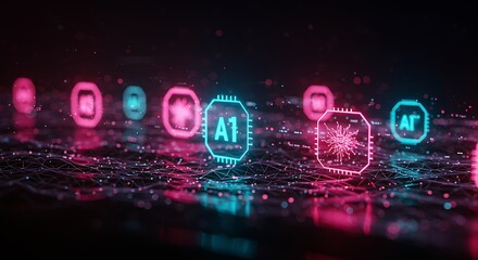 Close-up zoom into a glowing AI microchip, circuits lighting up, digital pulses spreading out, tech focus