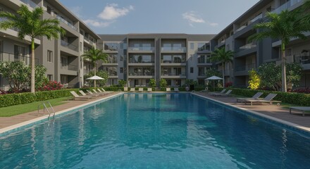 Swimming Pool at Modern Apartment Building with Loungers
