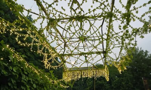 Romantic Outdoor Garden Canopy with Hanging String Lights and Green Vines

