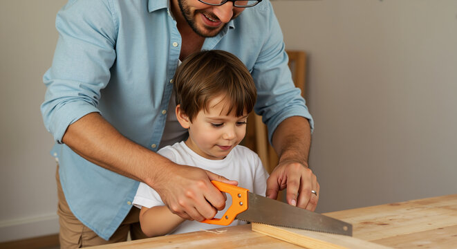 Father teaching son how to safely use hand saw for woodworking project. Father's day DIY activity developing carpentry skills and tool safety awareness through guided practice