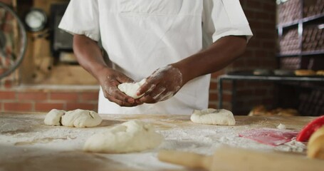 Animation of hand of african american male baker preparing sourdough for bread - Powered by Adobe