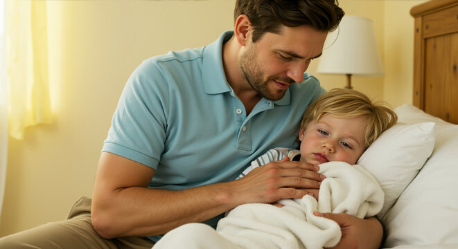 Caring father comforting sick son tucked in bed with white blanket in warm bedroom. Father's day health care moment showing parental concern during childhood illness
