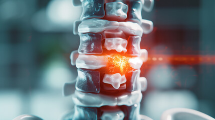 Human spine model with damaged vertebrae, close-up view of injury area for medical education and healthcare concepts, anatomical study of vertebral column and spinal disorders.