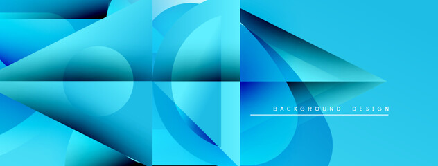 Abstract blue shapes overlap, creating dynamic composition. Gradient colors suggest depth, modern aesthetic. Minimal text present.