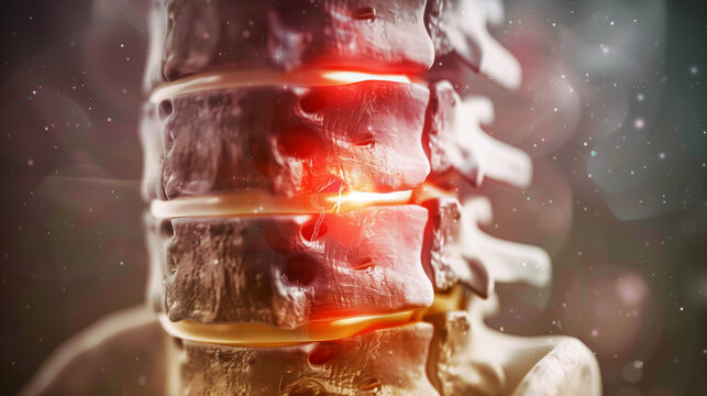 Human spine model with damaged vertebrae, close-up view of injury area for medical education and healthcare concepts, anatomical study of vertebral column and spinal disorders.