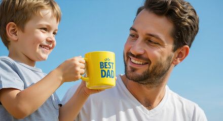 Son presenting father with yellow "Best Dad" mug against blue sky background. Thoughtful gift moment showing child's appreciation and recognition of paternal role during Father's Day celebration