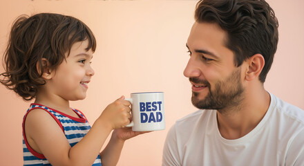 Fototapeta premium Child with striped outfit giving father white 