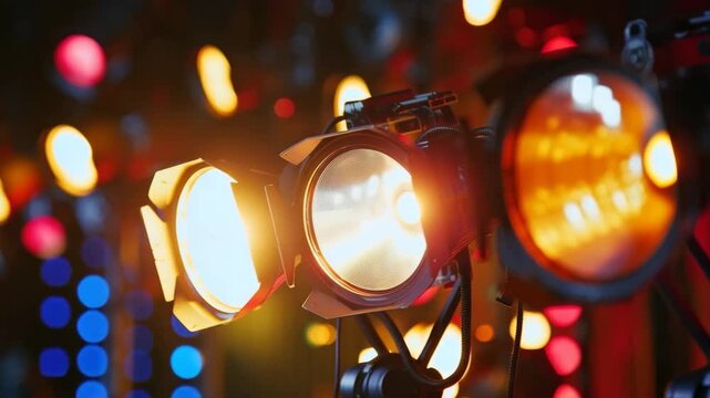 Illuminating spotlights casting a vibrant glow with bokeh lights in the background