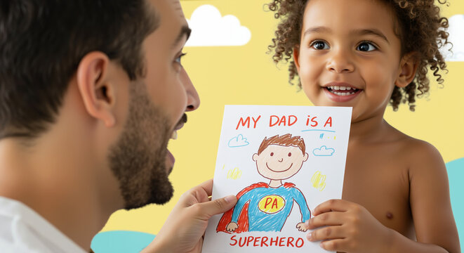 African American child showing father handmade superhero drawing with "My Dad is a Superhero" text against yellow background