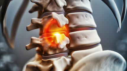 Human spine model with damaged vertebrae, close-up view of injury area for medical education and healthcare concepts, anatomical study of vertebral column and spinal disorders.