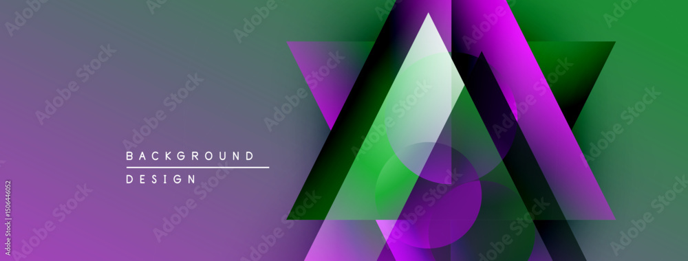 Poster abstract geometric shapes overlap, creating vibrant purple, green gradients. modern design elements 