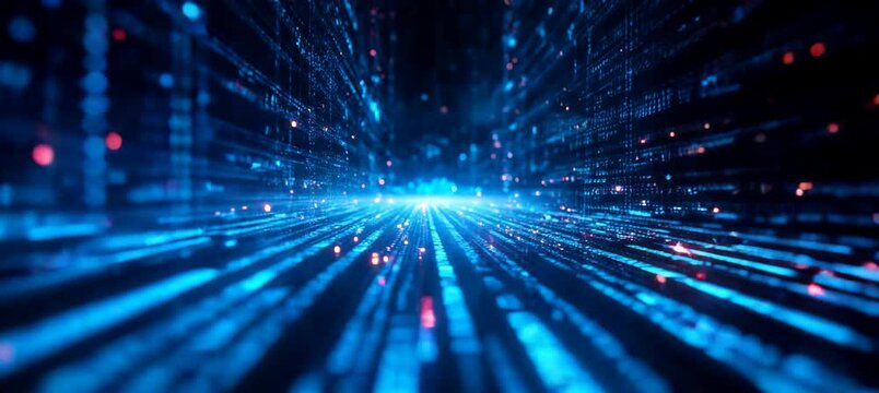 Matrix cyberspace travel with data flow. Virtual digital space portal. Generative video AI technology.