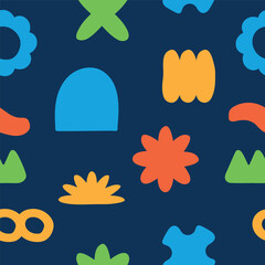 Seamless abstract simple colorful organic shapes pattern.  Flat illustration pattern vector design. Blue, yellow, orange, and green.