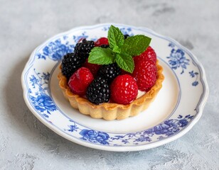 Colorful Summer Berry Tart on Vintage Ceramic Plate with Fresh Mint