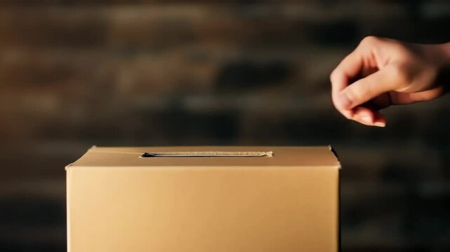 Close-up shot of a hand putting a ballot in the ballot box. The scene is set in a close shot in a low angle