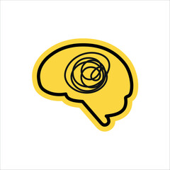 Simple Brain and tangled threads illustration sticker or patch. Black outline with yellow color.