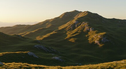 Fototapeta premium Rolling green and yellow grassy mountain landscape with soft lighting and gentle contours