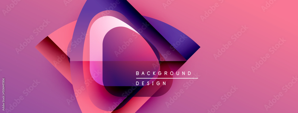 Poster abstract geometric design. pink, purple gradients create dynamic shape. text reads background design