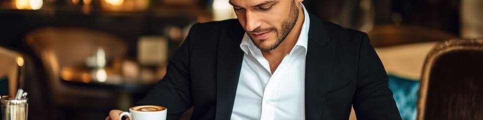 A handsome businessman in a white shirt and black blazer, sitting at a caf?(C), working on a tablet with a coffee cup nearby.