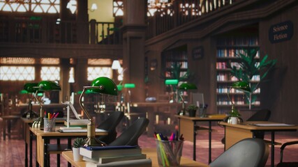 Peaceful empty library featuring wooden shelves and vintage green lamps. The classic architecture and serene study space inspire learning, literacy and intellectual growth. Old fashioned design.