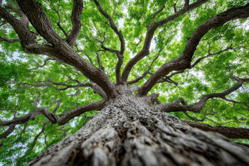 Fototapeta premium View looking up into lush green branches of large tree