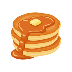 Stack of Fluffy Pancakes with Butter and Maple Syrup Dripping Down the Sides on a White Background