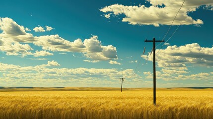 Obraz premium A golden wheat field stretches under a vast blue sky.