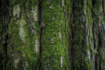 Obraz premium Old and Weathered Tree Bark with Moss Covering, Peaceful Nature Background