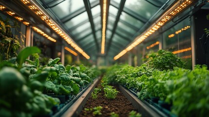 A high-tech greenhouse filled with bioluminescent plants, future farming concept 