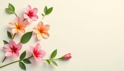 Fototapeta premium Scattered single blooms, light green leaves on cream, plant, background, single flower