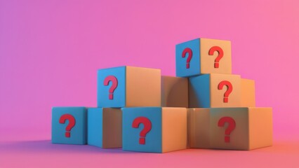 Six Colorful Cubes in Pyramid Structure with 3D Red Question Marks on Pink Background  Vibrant and Eyecatching Image