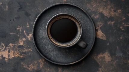 A cup of coffee on a dark textured surface with a matching saucer around it