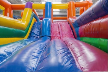 Colorful indoor inflatable slides in various shades of blue, green, yellow, pink, and red  vibrant play area scene.
