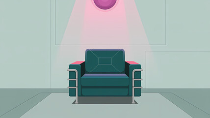 Stylized Flat Design Cyberpunk Living Room with Pale Green Wall and Minimalist Aesthetic