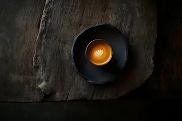  A cup of coffee on a dark wooden surface with latte art design © Ihsanfir