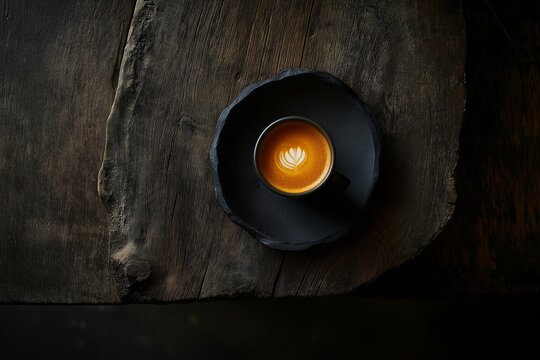 A cup of coffee on a dark wooden surface with latte art design
