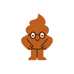 Cartoon poop character wearing oversized funny glasses with a silly smile, humorous and playful. Vector illustration.