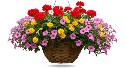 Obraz premium Hanging Basket Overflowing with Red Geraniums Yellow Marigolds and Pink Petunias