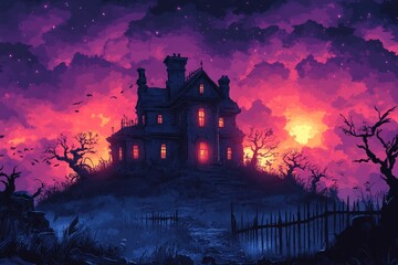 Haunted house sunset hilltop spooky art