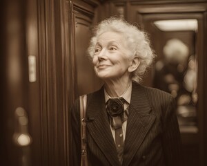 Seniors woman with curly hair smiling in elevator wearing formal suit and striped shirt in sepia tone