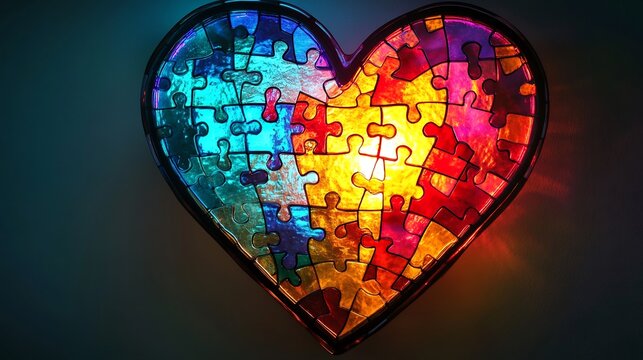 Colorful Puzzle Piece Heart Artwork Love Connection Unity Light Whimsy in Heart Shaped Jigsaw Design