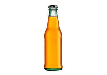 Glass Bottle with Tropical Juice on White Background. A clear glass bottle filled with vibrant tropical juice, showcasing bright orange and yellow hues, On Transparent Background, Png