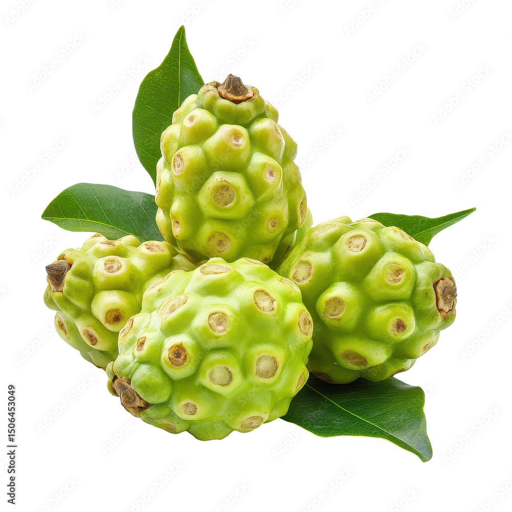 Poster non fruit displayed on a transparent background with green leaves highlighting its unique texture an